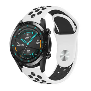 Silicone Sport Strap, white/black, on a watch, 3/4 front view