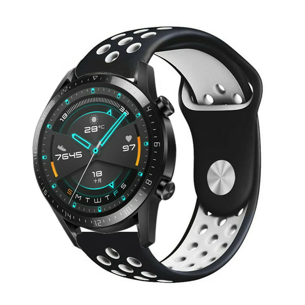 Silicone Sport Strap, black/white, on a watch, 3/4 front view