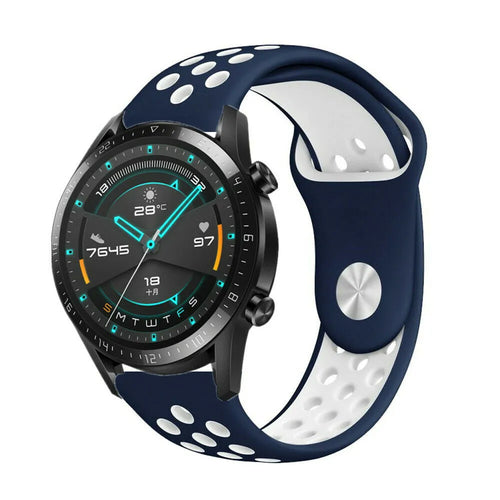 Silicone Sport Strap, blue/white, on a watch, 3/4 front view
