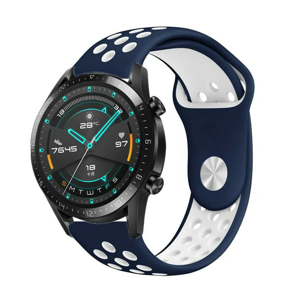 Silicone Sport Strap, blue/white, on a watch, 3/4 front view