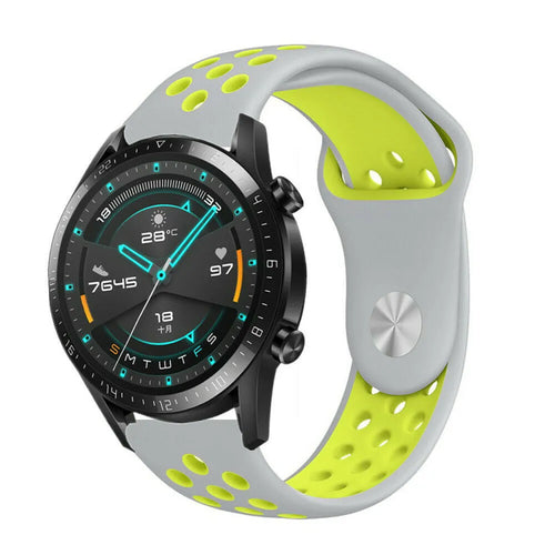 Silicone Sport Strap, grey/yellow, on a watch, 3/4 front view
