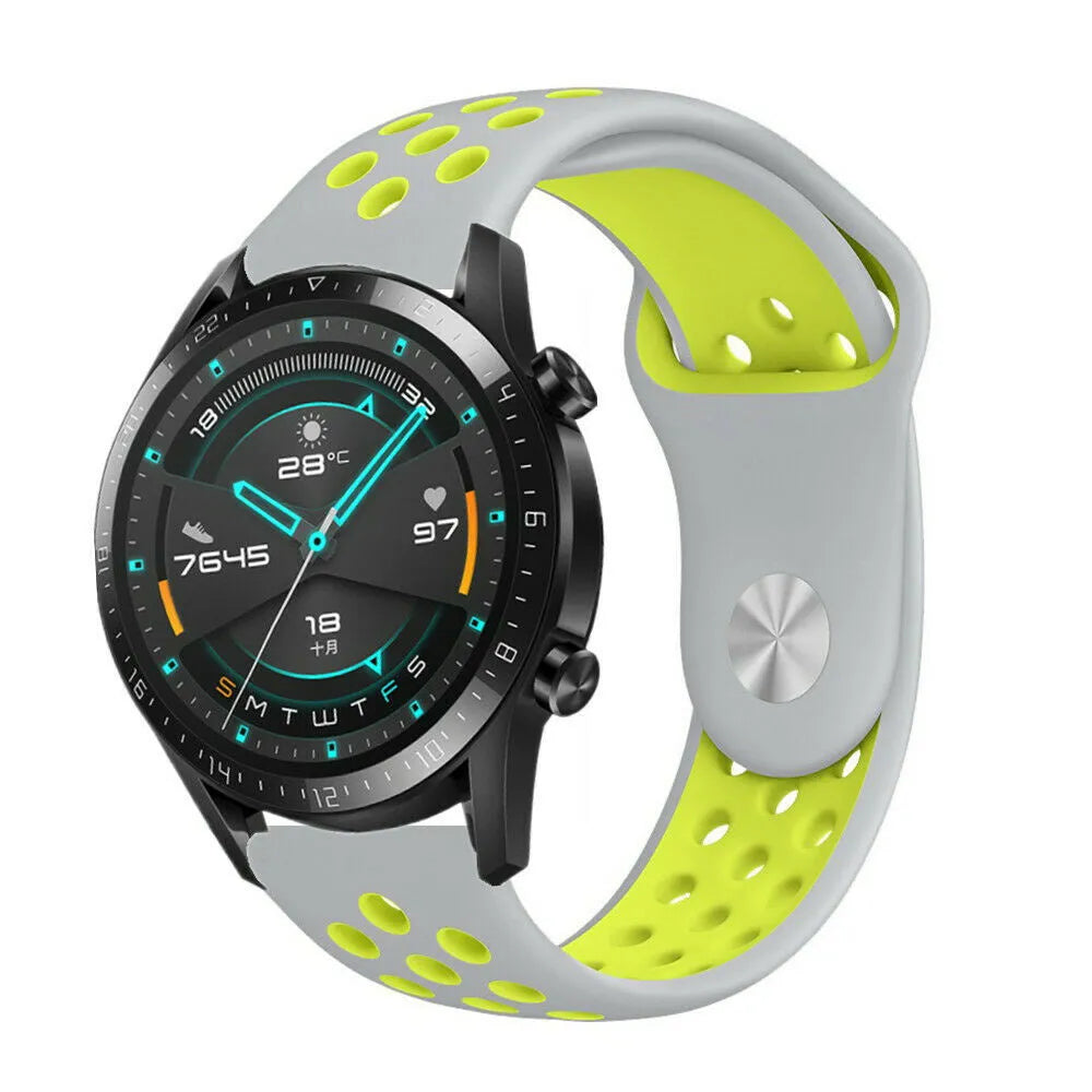 Silicone Sport Strap, grey/yellow, on a watch, 3/4 front view