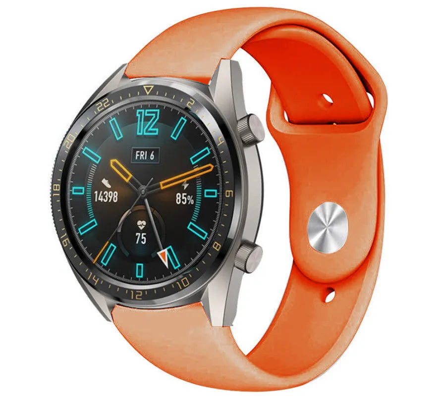 Silicone Sport Strap, orange, on a watch, 3/4 front view