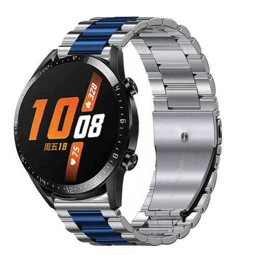 Steel Strap, silver/blue, on a watch, 3/4 front view