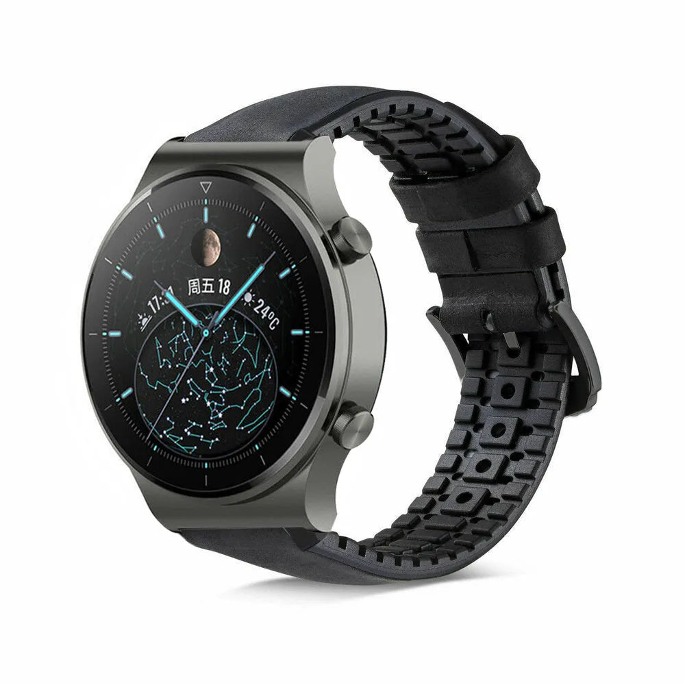 Leather Hybrid Strap, black, on a watch, 3/4 front view