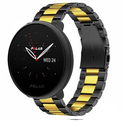 Steel Strap, black/gold, on a watch, 3/4 front view