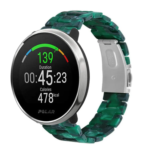 Metal Resin Strap, green, on a watch, 3/4 front view