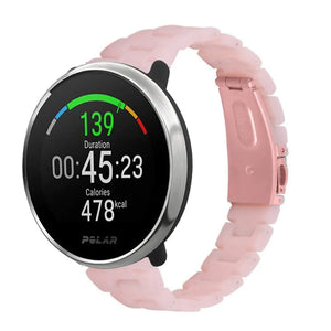 Metal Resin Strap, pink, on a watch, 3/4 front view
