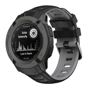 Silicone Sport Strap, black/grey, on a watch, 3/4 front view