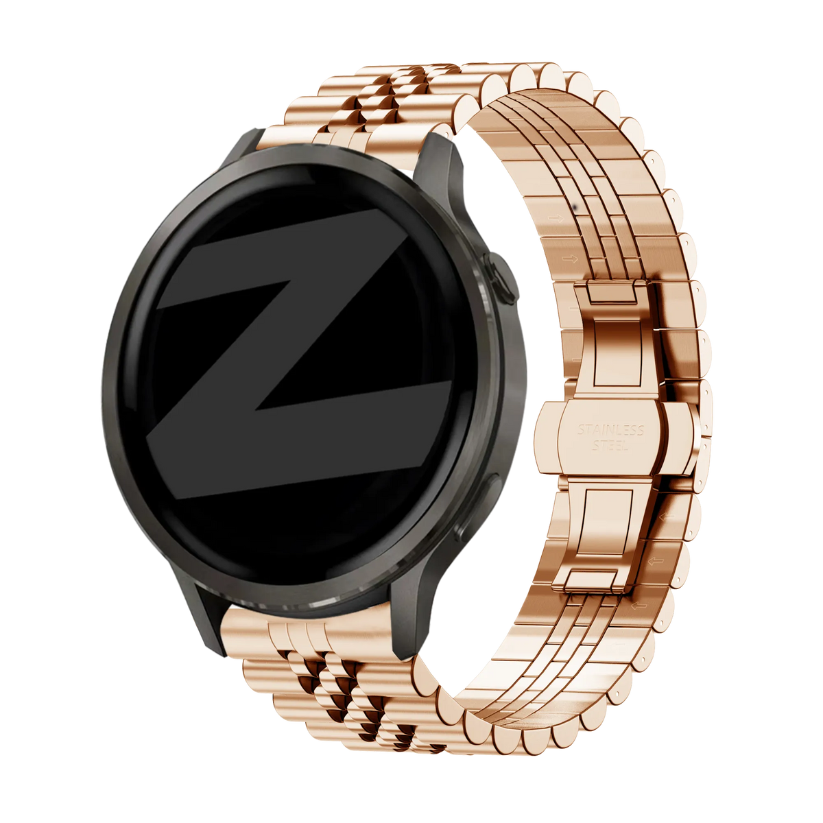 Steel Strap 'Jubilee', rose gold, on a watch, 3/4 front view