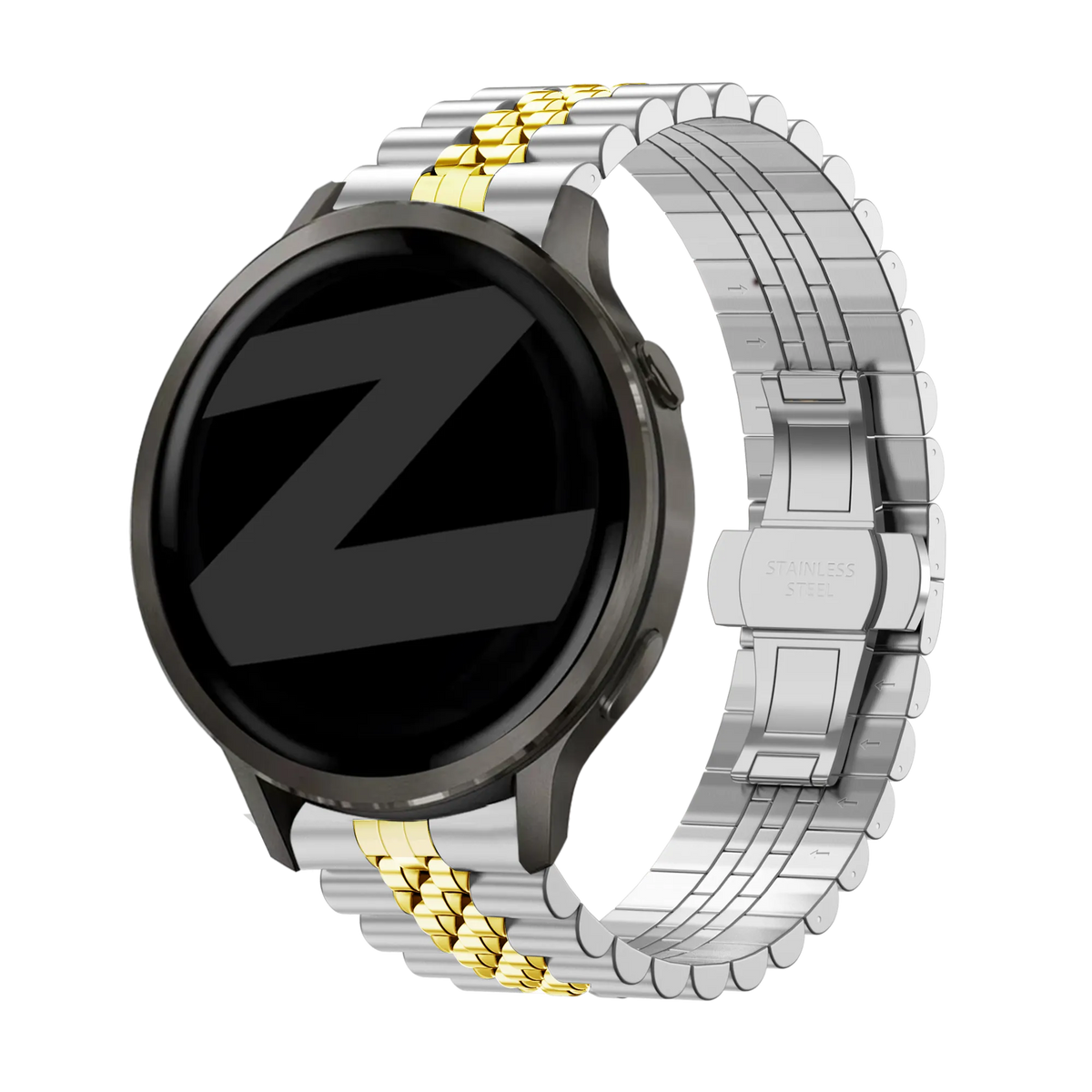 Steel Strap 'Jubilee', silver/gold, on a watch, 3/4 front view