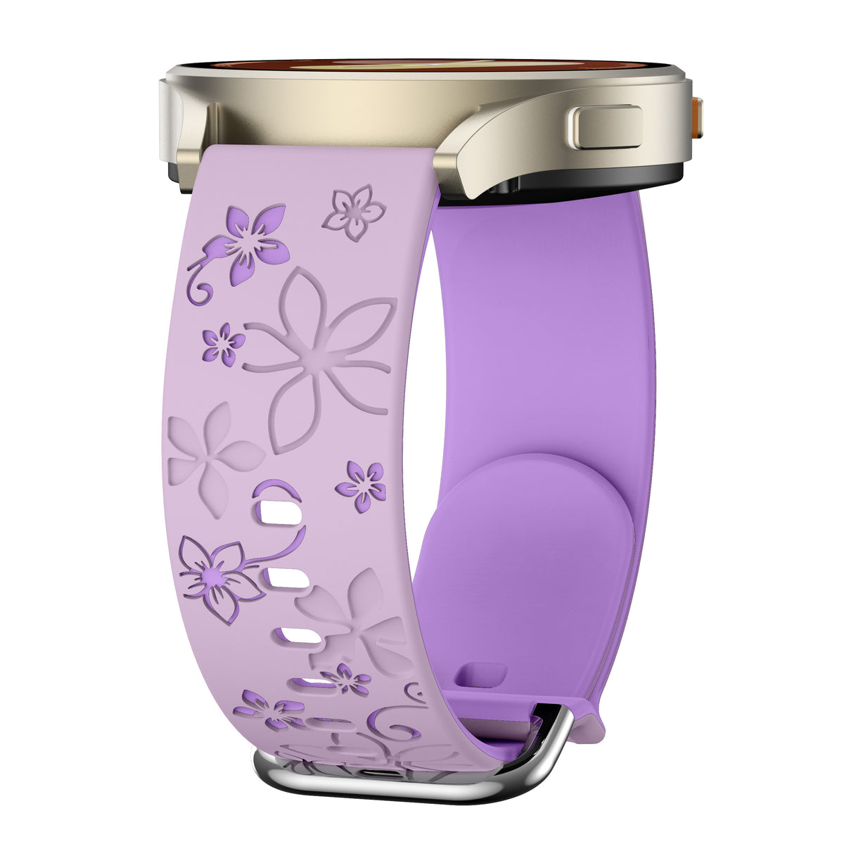 Flower Silicone Strap, lavender/purple, on a watch, 3/4 front view