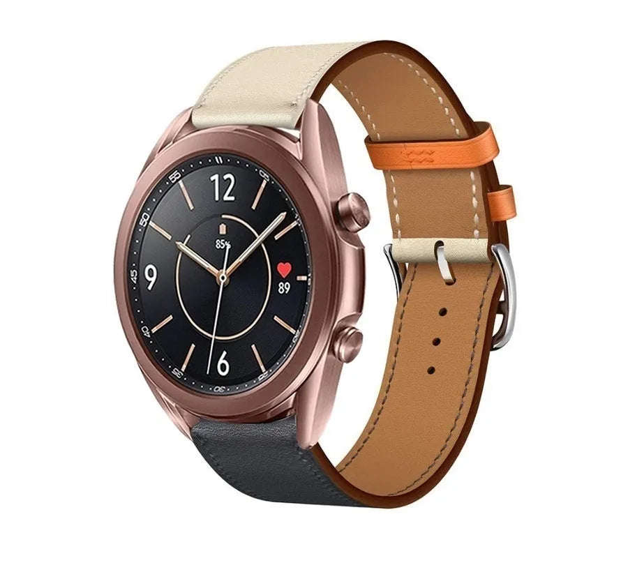 Leather Strap 'Duo', dark blue, on a watch, 3/4 front view