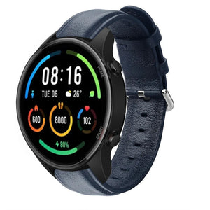 Leather Strap, dark blue, on a watch, 3/4 front view