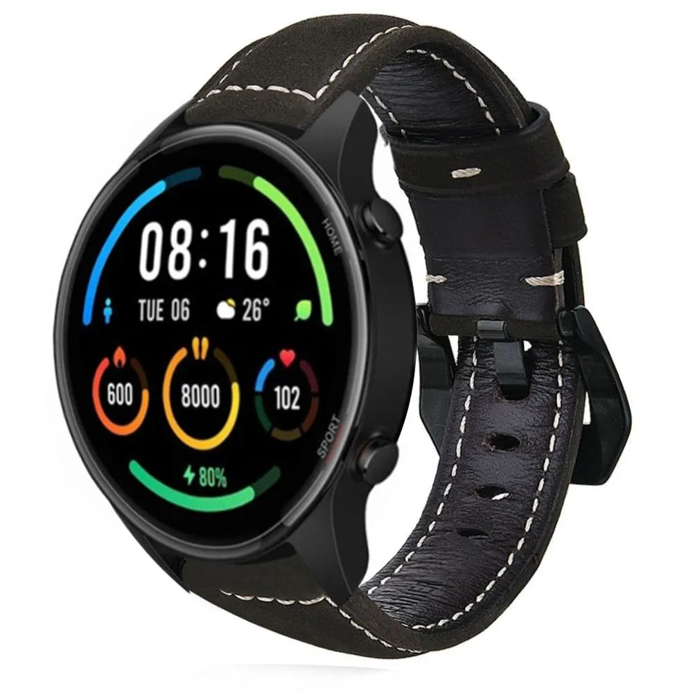 Leather Strap, black, on a watch, 3/4 front view