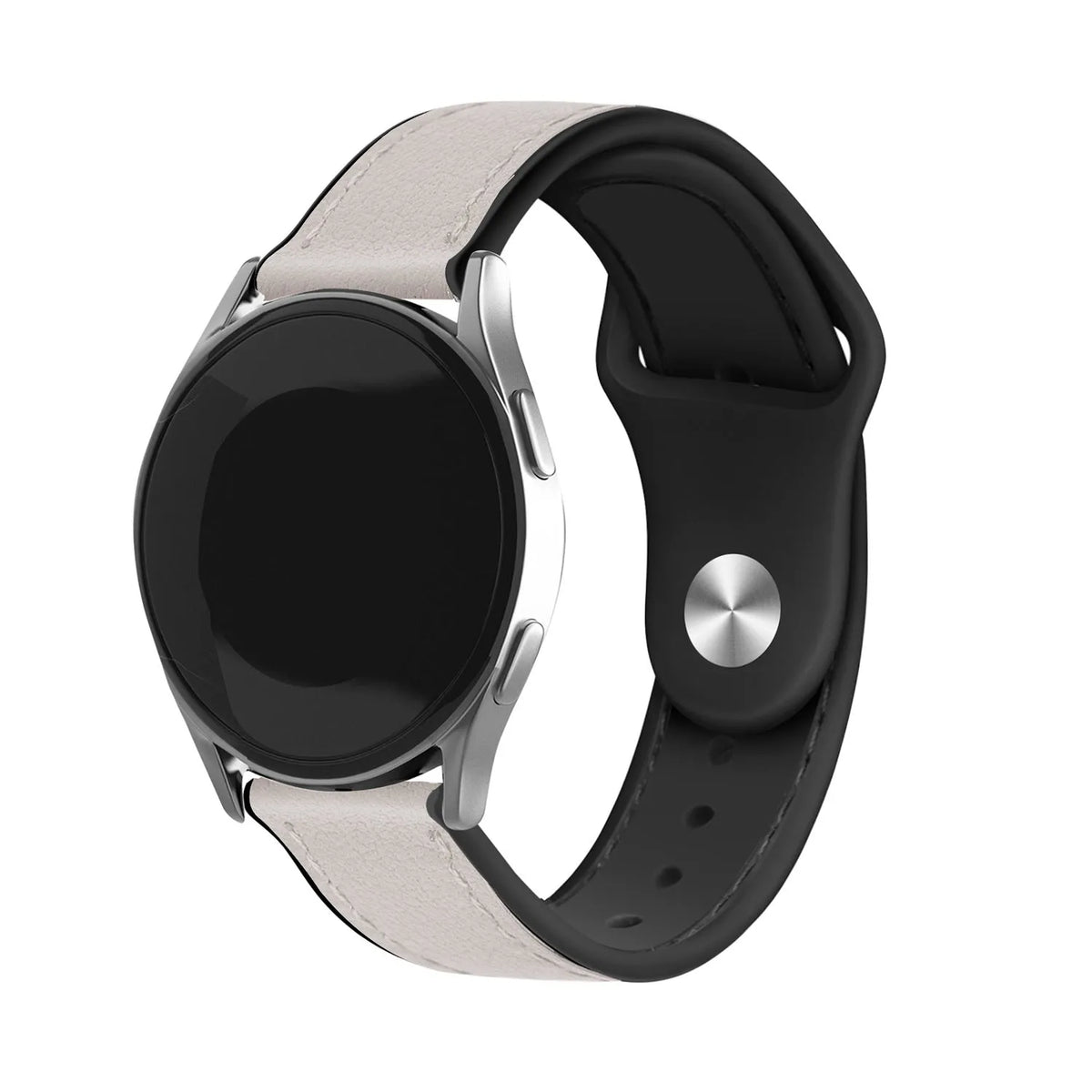 Leather Hybrid Strap, white, on a watch, 3/4 front view
