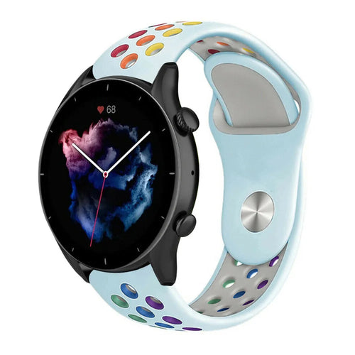 Silicone Sport Strap, light blue/colourful, on a watch, 3/4 front view