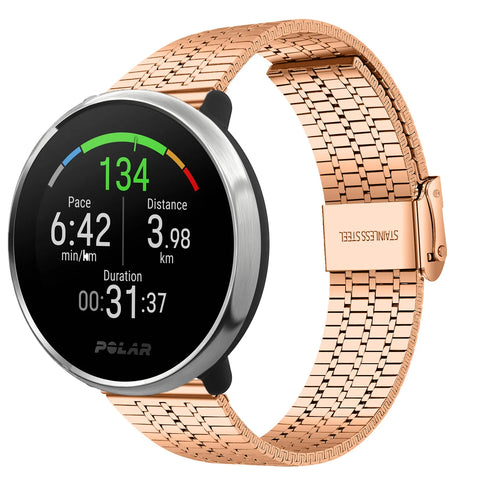 Fine Steel Strap, rose gold, on a watch, 3/4 front view
