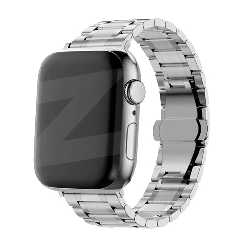 Steel Link Strap 'Deluxe', silver, on a watch, 3/4 front view