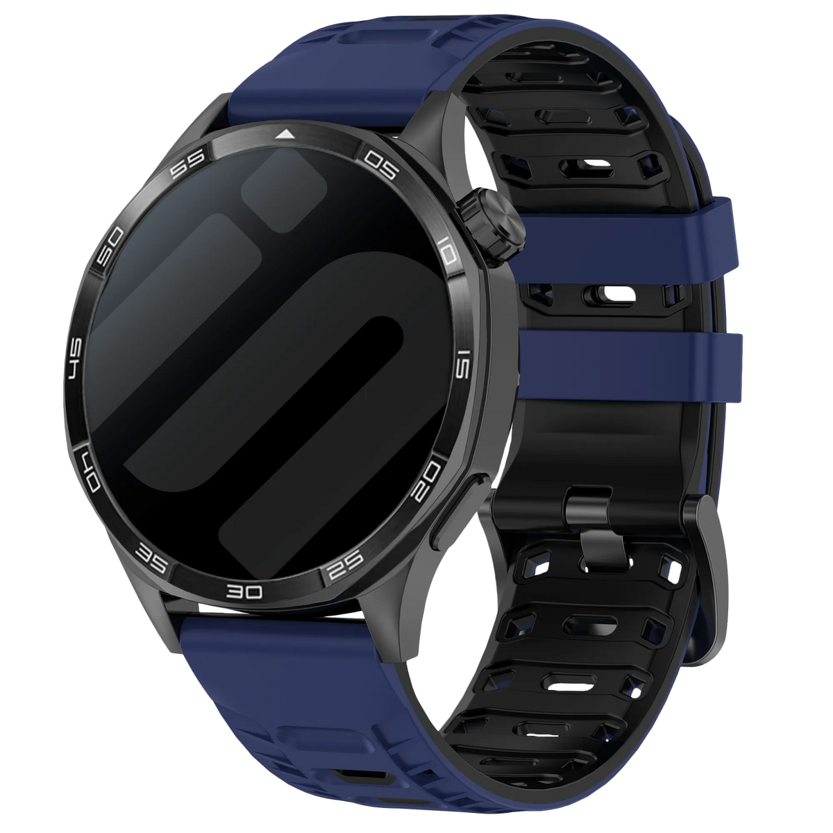 Silicone Mecha Sport Strap, dark blue/black, on a watch, 3/4 front view