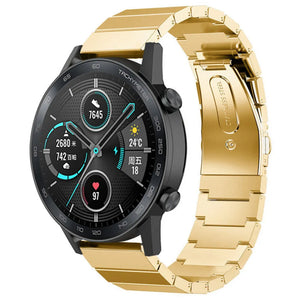 Premium Metal Strap, gold, on a watch, 3/4 front view