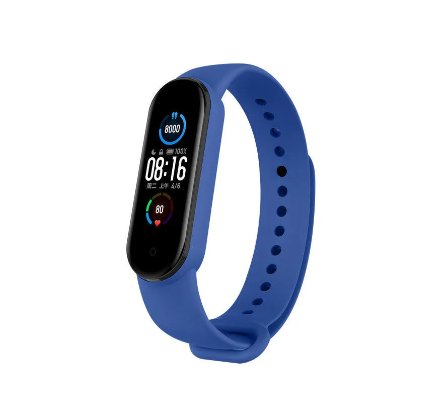 Silicone Strap, blue, on a watch, 3/4 front view