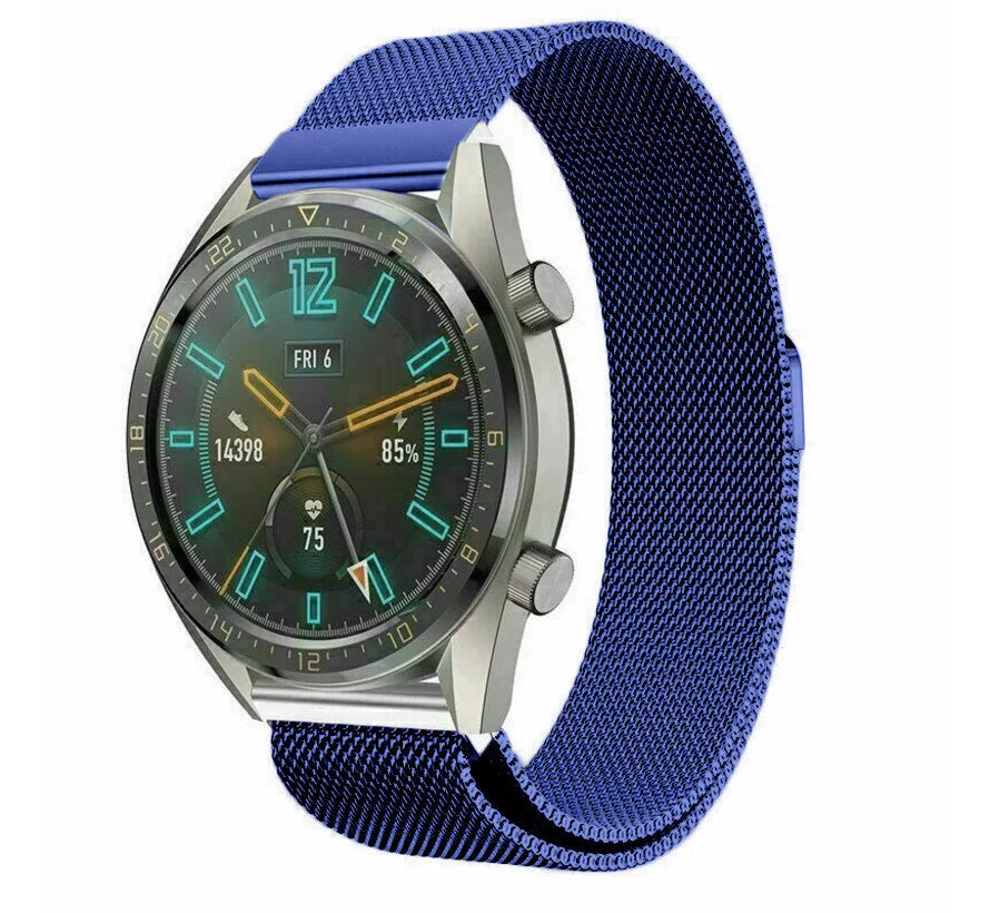 Milanese Strap, blue, on a watch, 3/4 front view