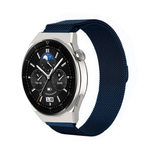 Milanese Strap, blue, on a watch, 3/4 front view