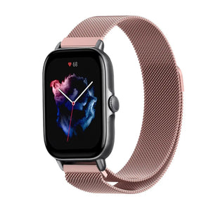 Milanese Strap, pink, on a watch, 3/4 front view