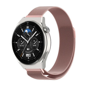 Milanese Strap, pink, on a watch, 3/4 front view