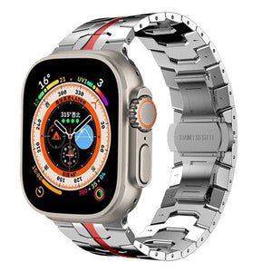 Steel Iron Strap, silver/red, on a watch, 3/4 front view