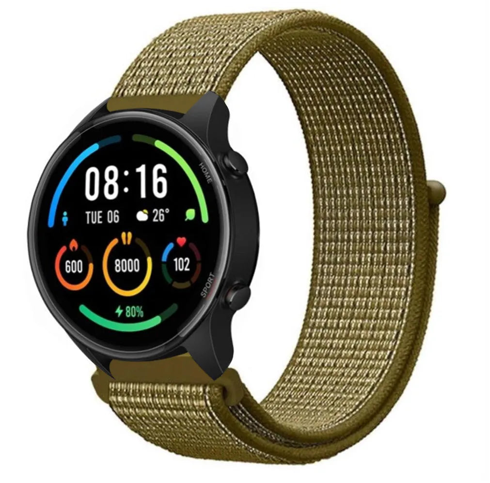 Nylon Strap, olive, on a watch, 3/4 front view
