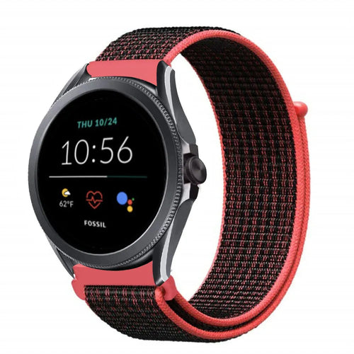 Nylon Strap, black/coral, on a watch, 3/4 front view