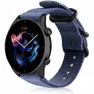 Nylon Buckle Strap, blue, on a watch, 3/4 front view