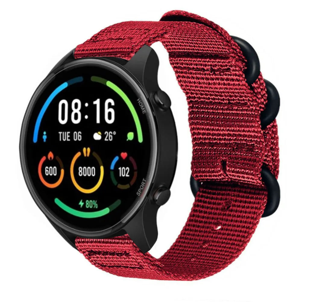 Nylon Buckle Strap, red, on a watch, 3/4 front view