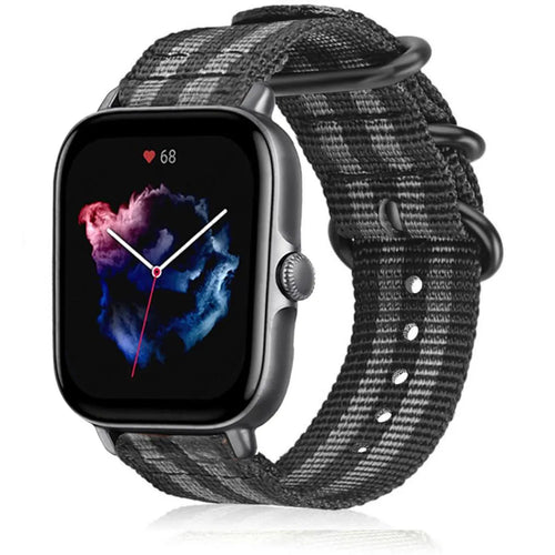 Nylon Buckle Strap, black/grey, on a watch, 3/4 front view