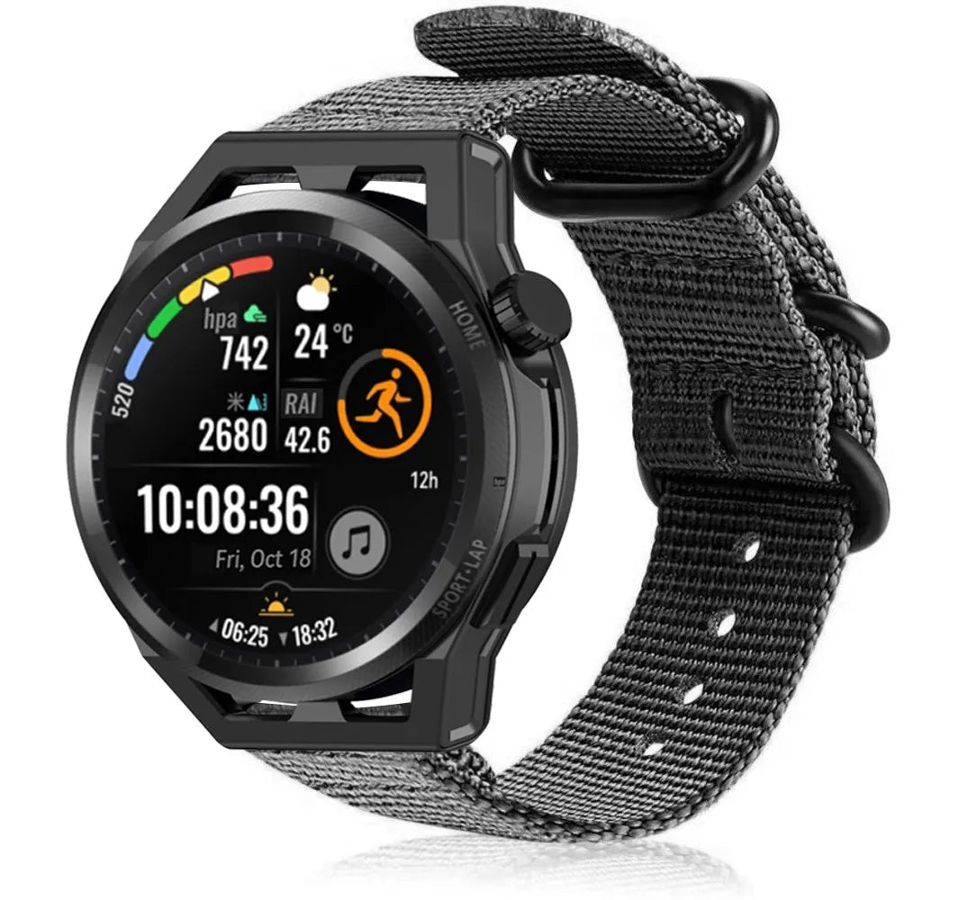 Nylon Buckle Strap, black, on a watch, 3/4 front view