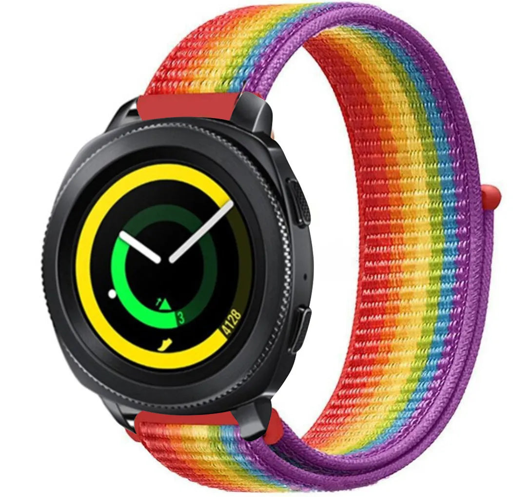 Nylon Strap, rainbow, on a watch, 3/4 front view