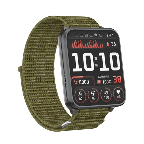 Nylon Strap, olive green, on a watch, 3/4 front view