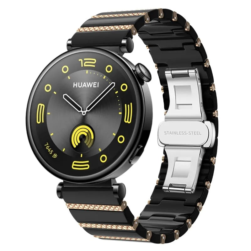 Metal Ceramic Strap 'One Bead', black/rose gold, on a watch, 3/4 front view