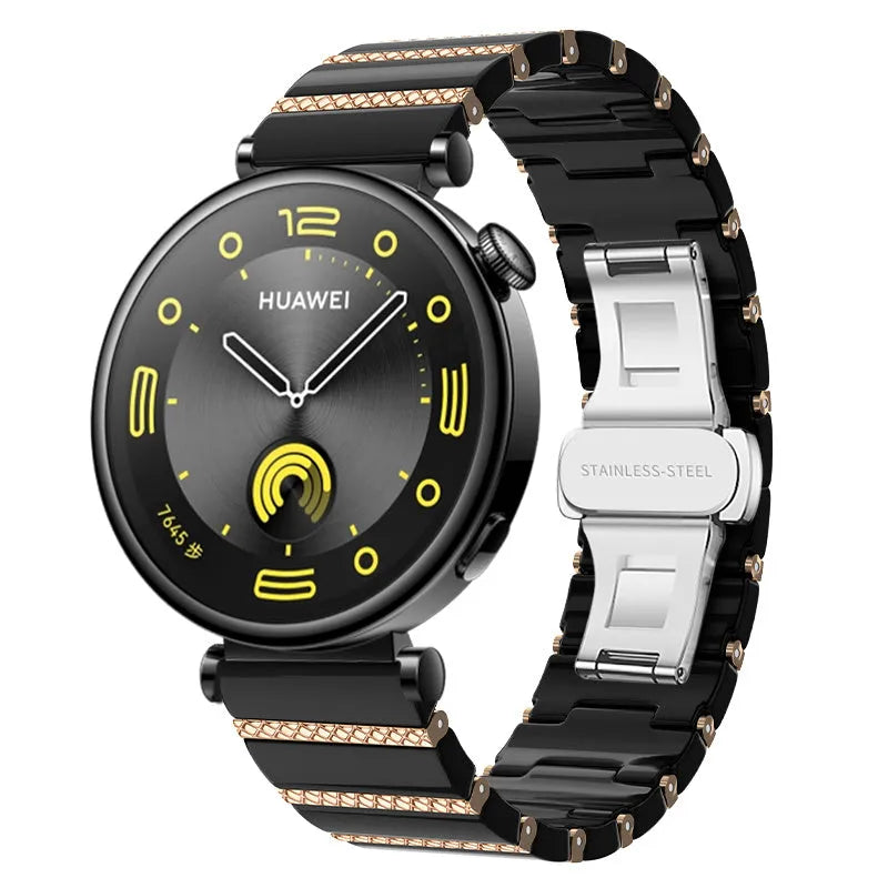 Metal Ceramic Strap 'One Bead', black/rose gold, on a watch, 3/4 front view