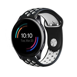 Silicone Sport Strap, black/white, on a watch, 3/4 front view