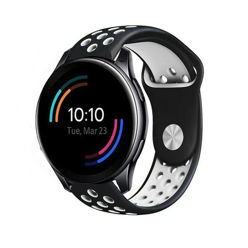 Silicone Sport Strap, black/white, on a watch, 3/4 front view