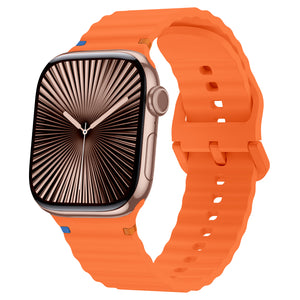 Wave Silicone Strap, orange, on a watch, 3/4 front view