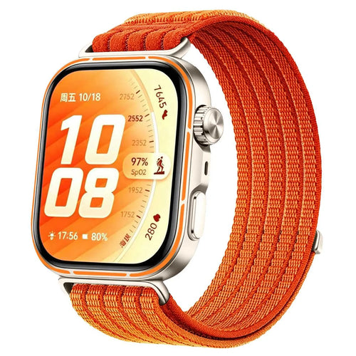 Ultra Thin Nylon Strap, orange, on a watch, 3/4 front view