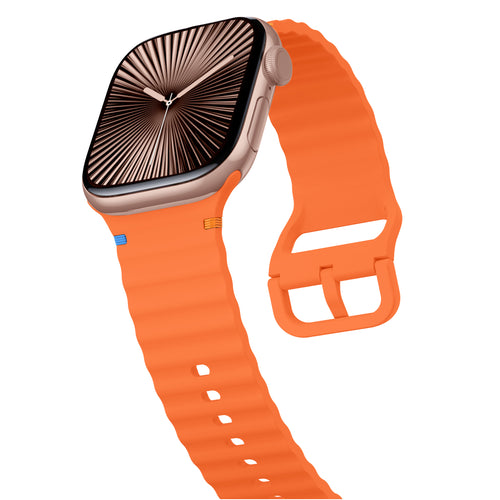 Wave Silicone Strap, orange, on a watch, 3/4 front view