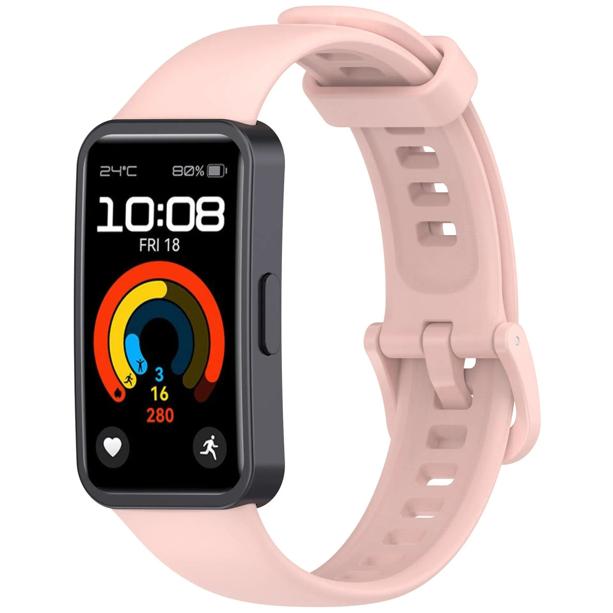 Silicone Strap, pink, on a watch, 3/4 front view