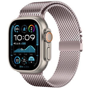 Modern Milanese Strap, pink, on a watch, 3/4 front view