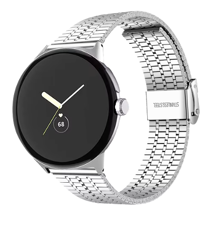 Fine Steel Strap, silver, on a watch, 3/4 front view