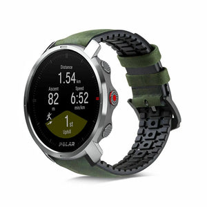 Leather Hybrid Strap, black/green, on a watch, 3/4 front view